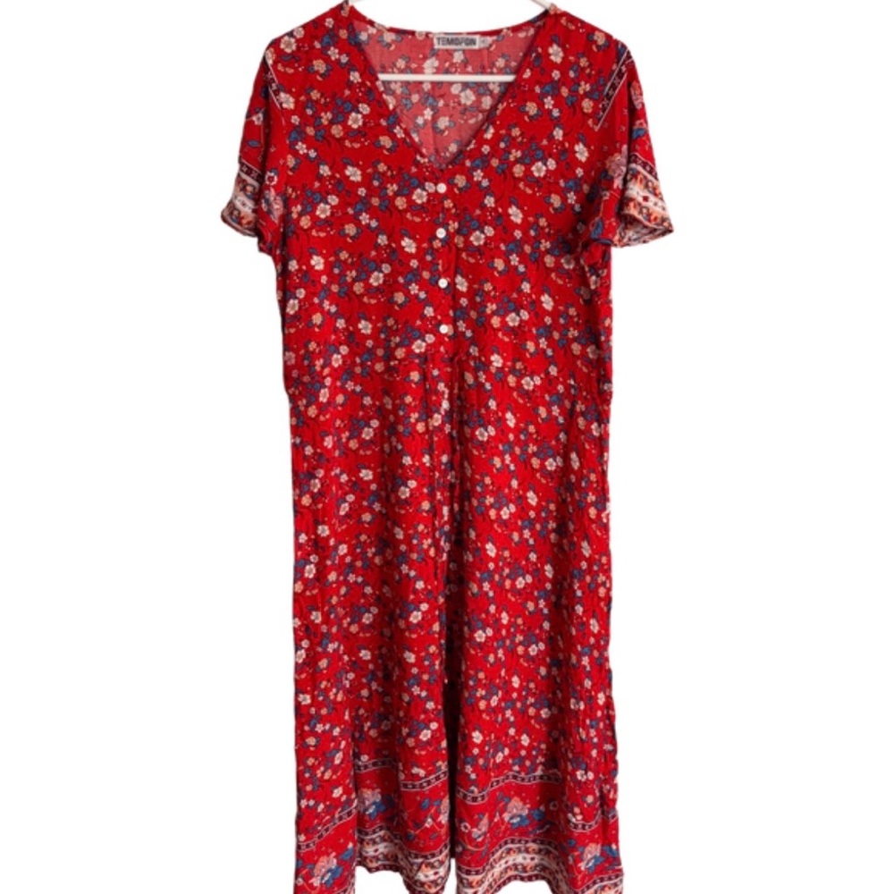 Floral Red Dress - Faux buttons on front.